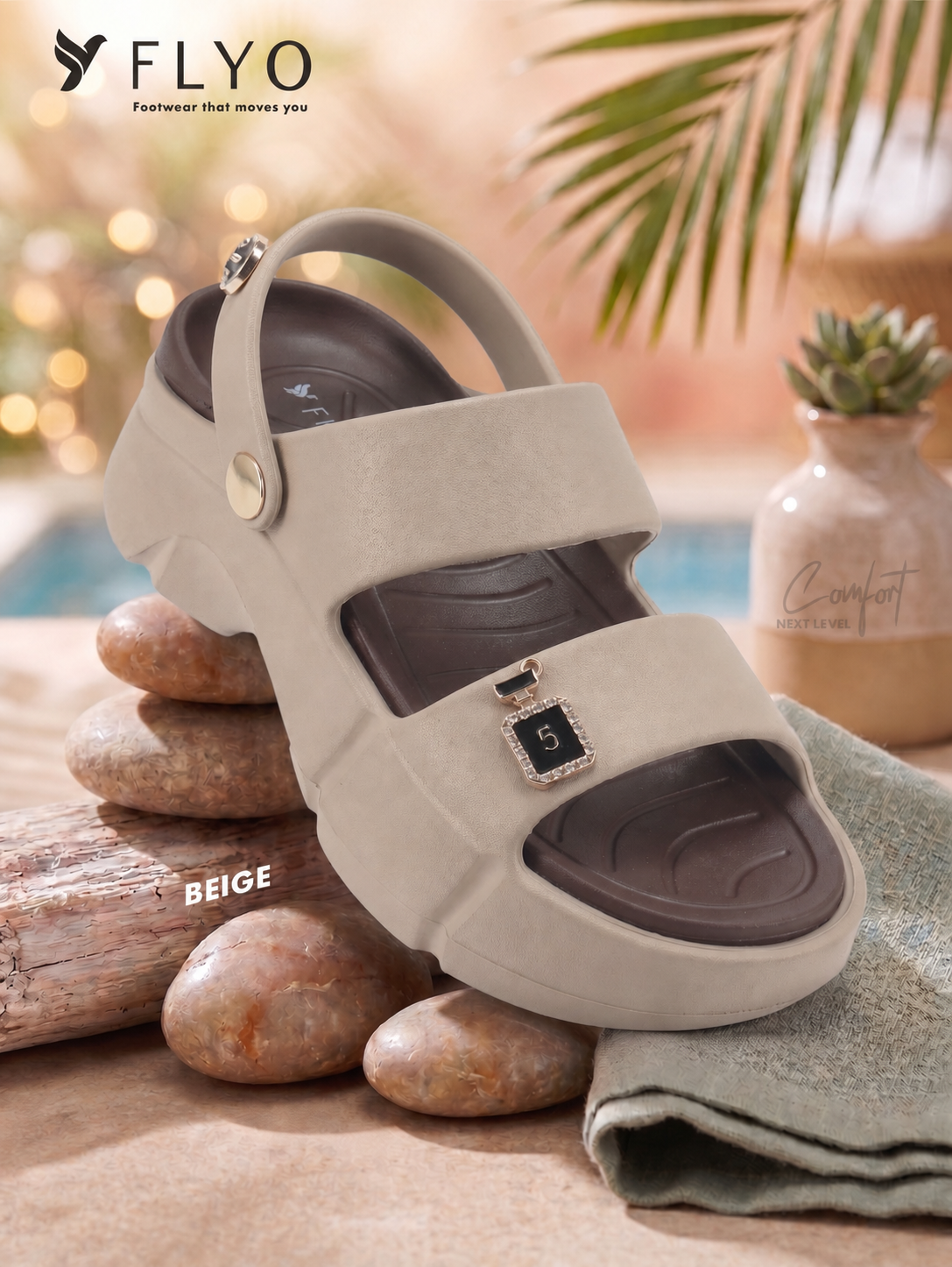 FLYO ROSY Beige Comfort Sandals